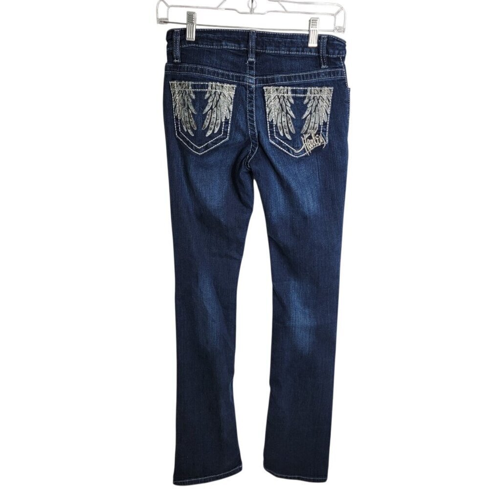 Harley Davidson Angel Wing Biker Bling Pocket Jeans Womens 0 Tall Y2K Dark Wash - Picture 3 of 12